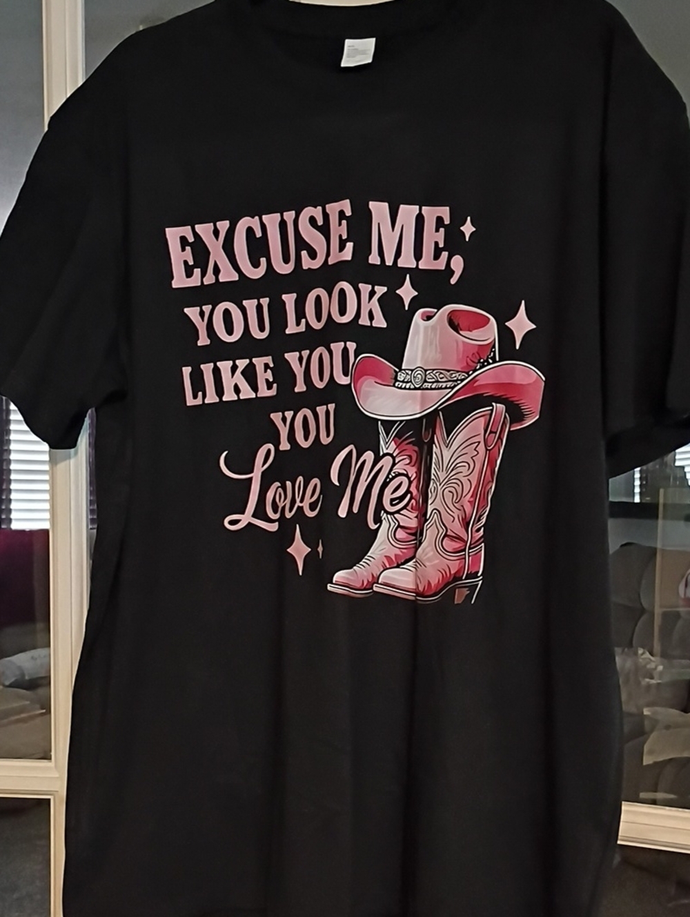 Black Graphic Tee with Pink Cowboy Boots Print - New